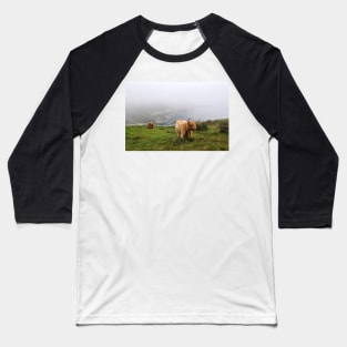 Highland cows on the misty coast of Islay, Scotland Baseball T-Shirt